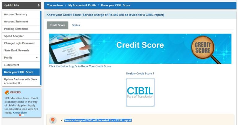 Check CIBIL score through Internet banking